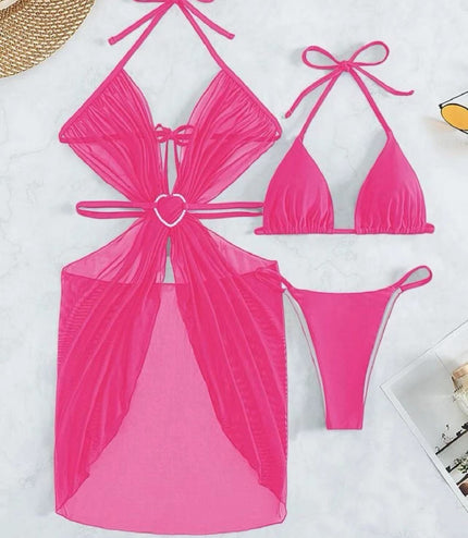 3pcs Halter Neck Bikini Beach Summer Solid Color Split Swimsuit Womens Clothing