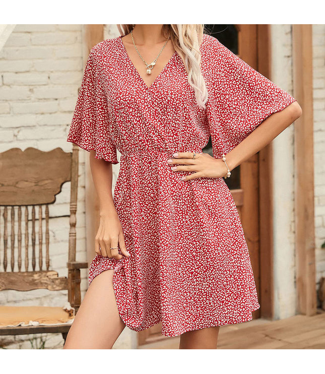 Women's Clothing Dress Printed V-neck Short Sleeve Casual