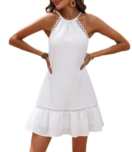 European And American Summer Women's Halter Lace-up Lace Stitching Jacquard Dress