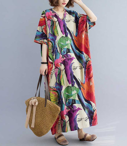 Cotton And Linen Printed Loose Plus Size Simple Vacation Style Long Dress For Women