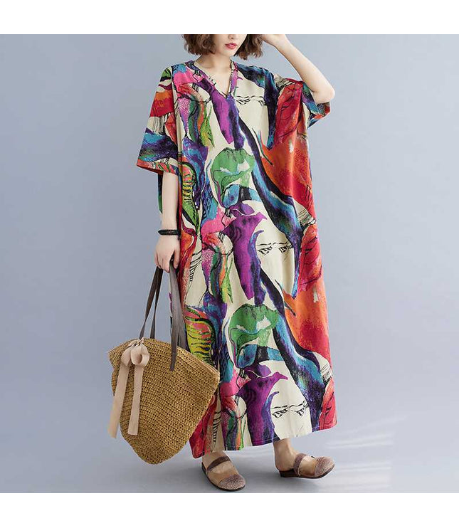 Cotton And Linen Printed Loose Plus Size Simple Vacation Style Long Dress For Women