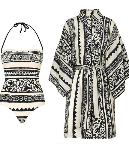 Ethnic Style Halter One-piece Swimsuit Women's Long-sleeved Blouse Suit