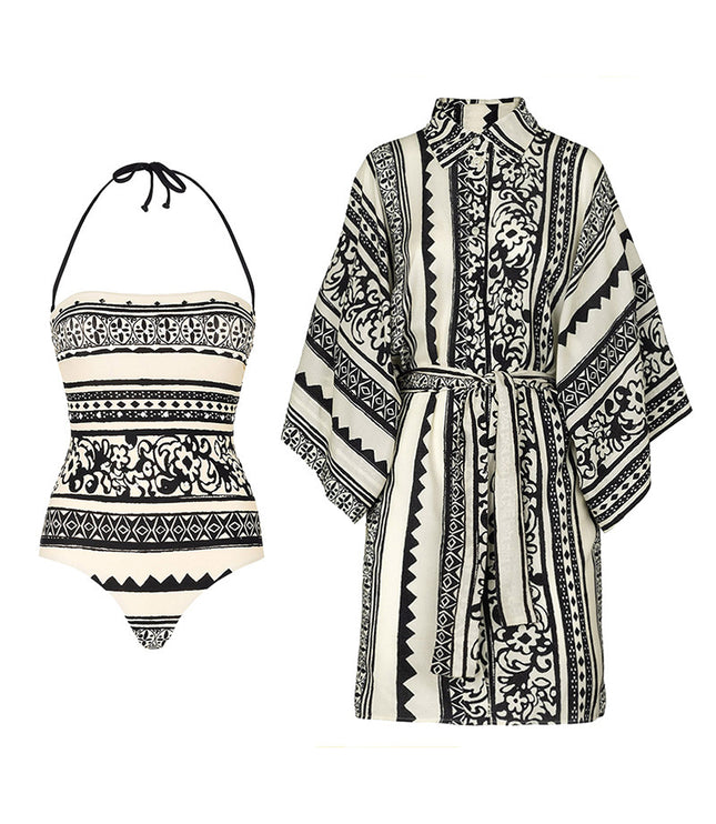 Ethnic Style Halter One-piece Swimsuit Women's Long-sleeved Blouse Suit
