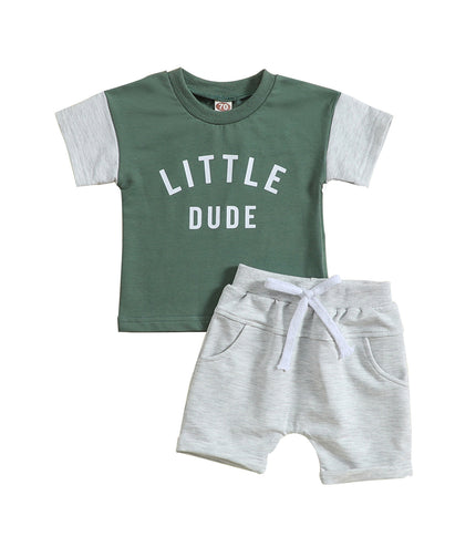 Children's Round Neck Letter Print Top Solid Color Shorts Two-piece Set