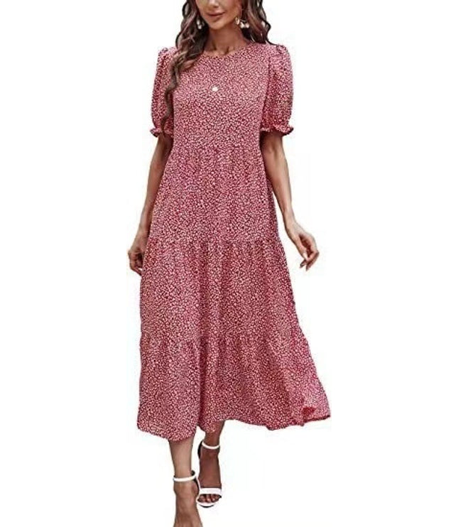 Printed Solid Color Round Neck Short Sleeves Casual Pleated Swing Dress Women