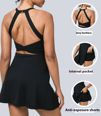 New Nude Feel Halter Beauty Back Exercise Dress Fake Two-piece Anti-exposure