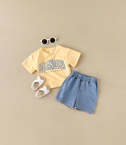 Summer Baby Letter Print Short-sleeve Top Denim Shorts Suit