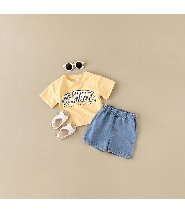 Summer Baby Letter Print Short-sleeve Top Denim Shorts Suit