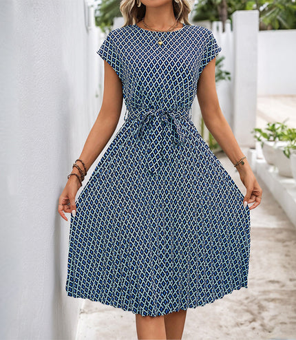European And American Lace-up Flying Sleeves Printed Round Neck Dress