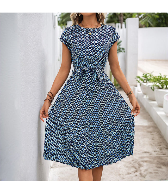 European And American Lace-up Flying Sleeves Printed Round Neck Dress