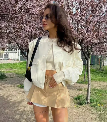 ASDS woman bomber jacket coat White autumn winter button baseball aviator cropped jackets for women long sleeve crop outerwear