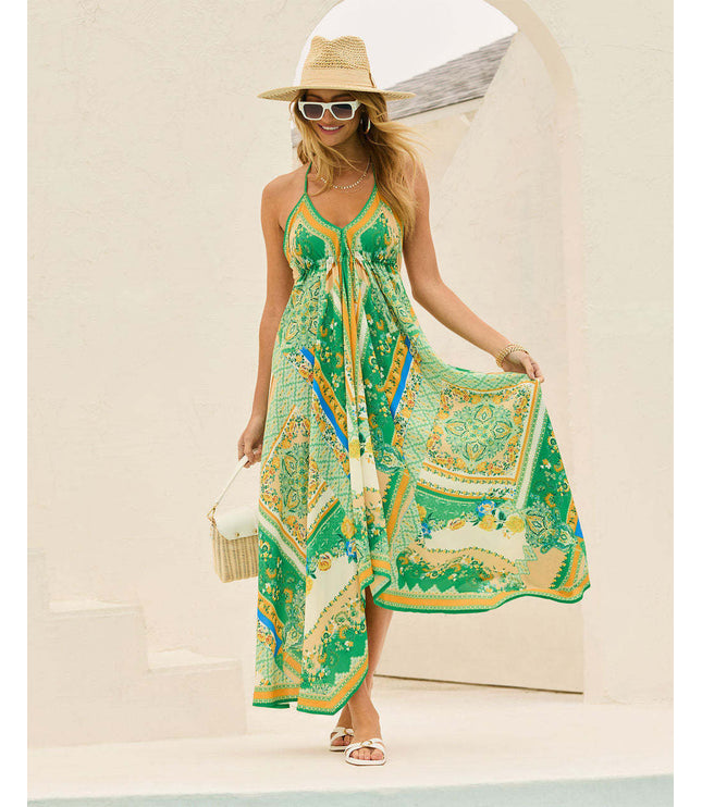 Off-the-shoulder V-neck Women's Clothing Spaghetti-strap Floral Print Dress