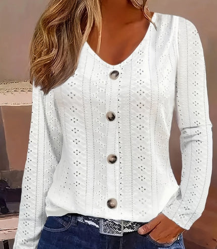 Button Front V Neck Long Sleeve Blouse, Women's Clothing