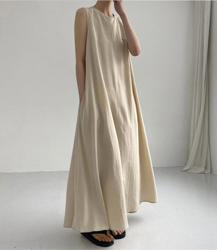Chic Style Loose Sleeveless Pumpkin Color Long Cotton And Linen Dress
