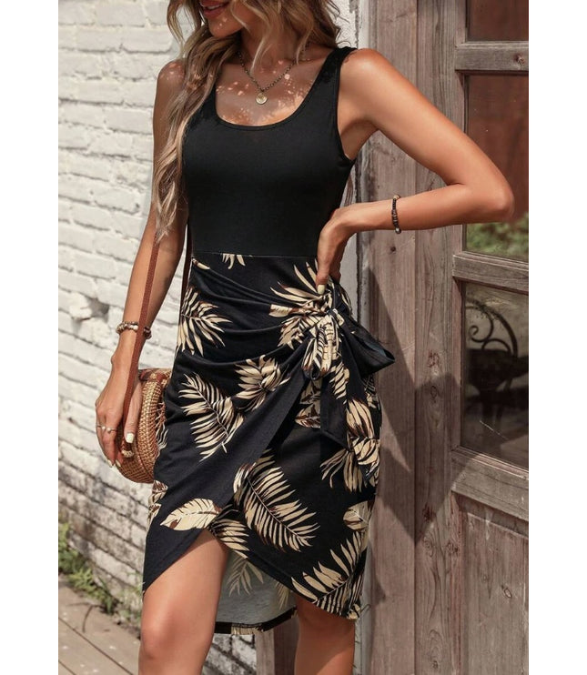 Holidaya Tropical Print Knot Side Wrap Hem Dress