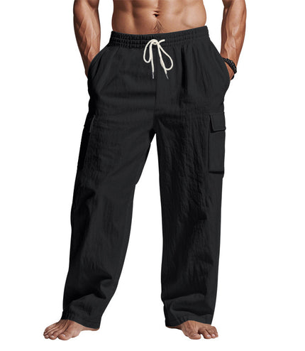 Men's Workwear Multi-pocket Straight Linen Pants Linen Four Seasons Thin Breathable Cargo Pants, Multi-pocket Loose Casual Trendy Wide-leg Pants