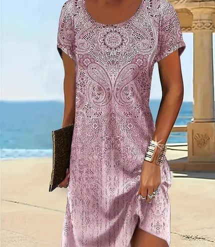 Trendy Design Print Colorful Round Neck Dress Women