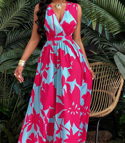 Print Deep V Neckline Cinched Waist Fit And Flare Dress Maxi Women Outfit