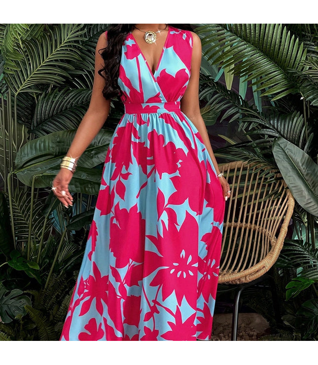 Print Deep V Neckline Cinched Waist Fit And Flare Dress Maxi Women Outfit