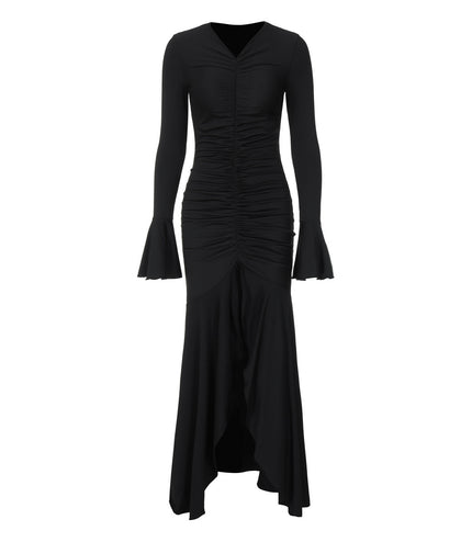 Fashionable Elegant V-neck Pleated Slim-fit Flared Sleeves Dress
