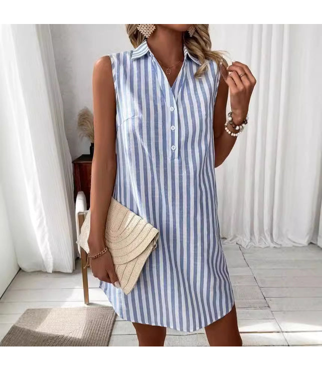 Loose Sleeveless V-neck Buttons Striped Shirt Dress