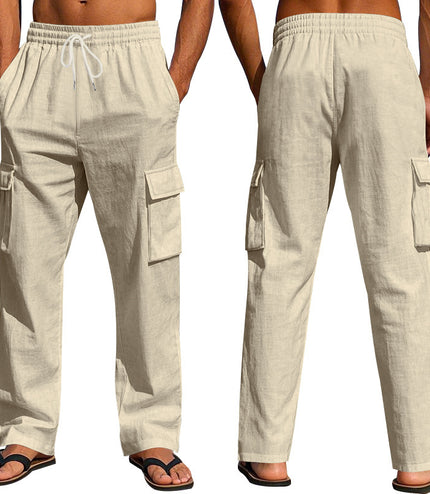 Men's Workwear Multi-pocket Straight Linen Pants Linen Four Seasons Thin Breathable Cargo Pants, Multi-pocket Loose Casual Trendy Wide-leg Pants