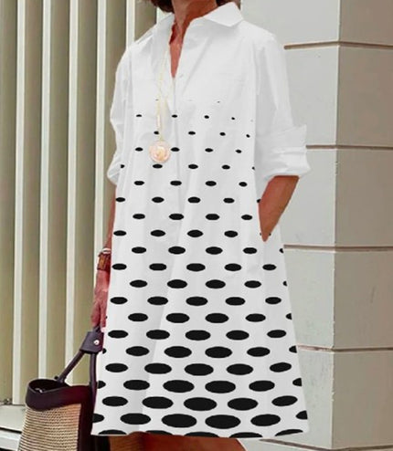 Fashion Polka Dot Print Shirt Collar Long Sleeve Pocket Mid-length Dress
