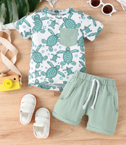 Summer Children's Turtle Shark Print Short Sleeve Suit