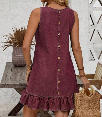 Button Back Ruffle Hem Denim Dress