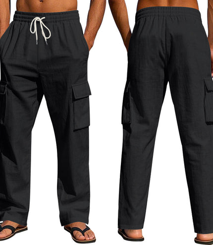 Men's Workwear Multi-pocket Straight Linen Pants Linen Four Seasons Thin Breathable Cargo Pants, Multi-pocket Loose Casual Trendy Wide-leg Pants