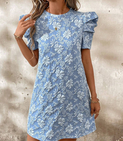 European And American Ladies Puff Sleeve Texture Jacquard Round Neck Retro Style Dress