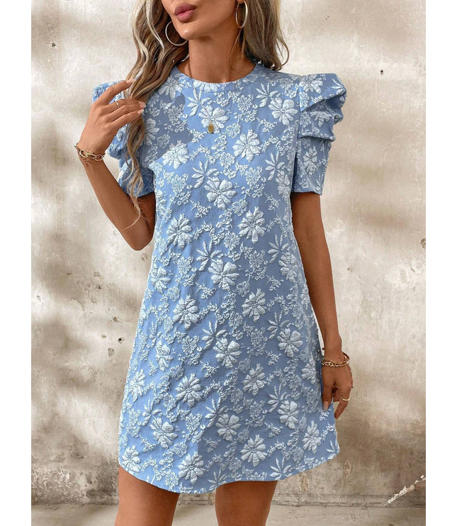 European And American Ladies Puff Sleeve Texture Jacquard Round Neck Retro Style Dress