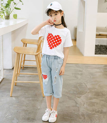 Girls White T-shirt Ripped Jeans Kids Suit