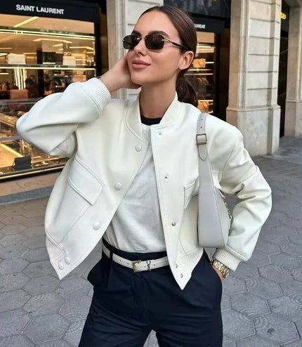 ASDS woman bomber jacket coat White autumn winter button baseball aviator cropped jackets for women long sleeve crop outerwear
