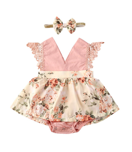Girl Princess Clothes Baby Romper Girls Floral Lace V Neck Sleeveless  Jumpsuit Newborn Headband Kid Outfits Summer Clothing