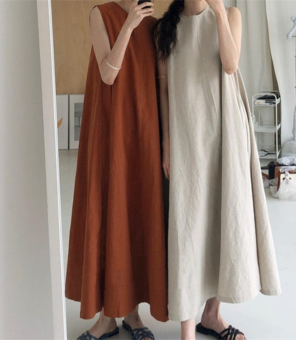 Chic Style Loose Sleeveless Pumpkin Color Long Cotton And Linen Dress