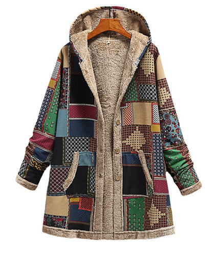Cotton And Linen Printed Hoodie Warm Plush Coat