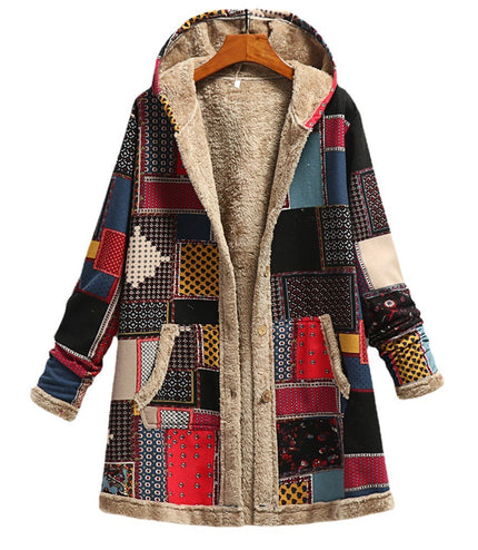Cotton And Linen Printed Hoodie Warm Plush Coat