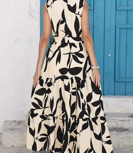 Elegant Sleeveless Printed Shirt Dress Ruffled Hem
