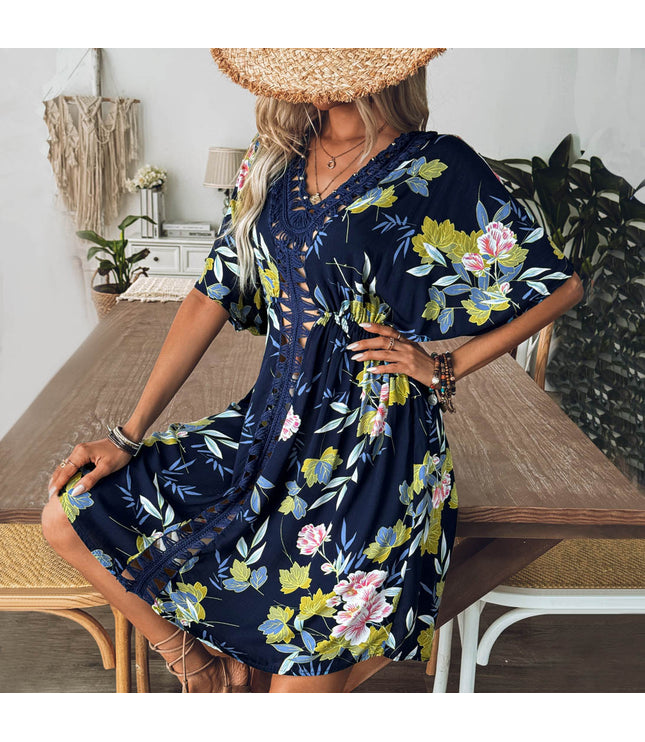 Printing Hand Crochet Bead Stitching Cailco Dress