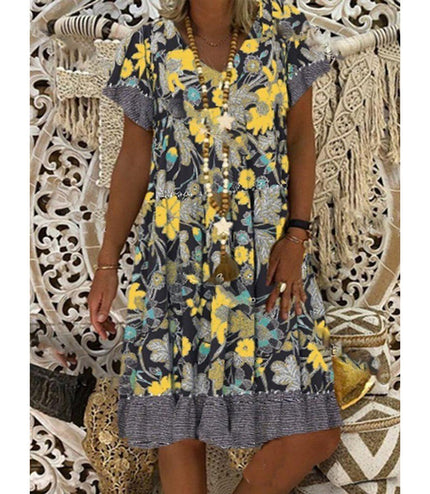 V-neck Printed Short Sleeve Mid-length Dress Plus Size Floral