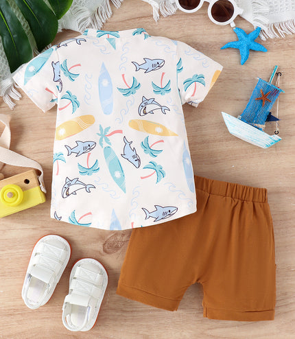 Summer Children's Turtle Shark Print Short Sleeve Suit