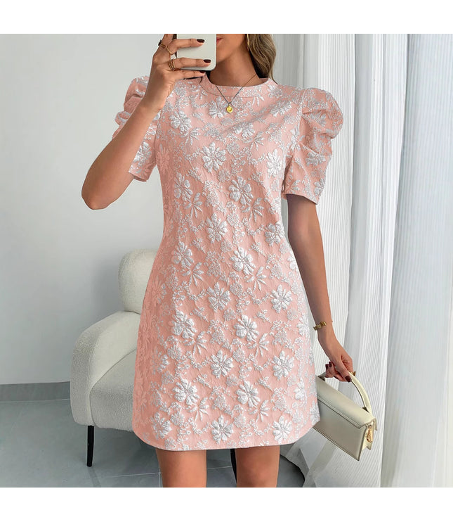 European And American Ladies Puff Sleeve Texture Jacquard Round Neck Retro Style Dress