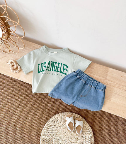 Summer Baby Letter Print Short-sleeve Top Denim Shorts Suit
