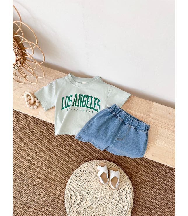 Summer Baby Letter Print Short-sleeve Top Denim Shorts Suit