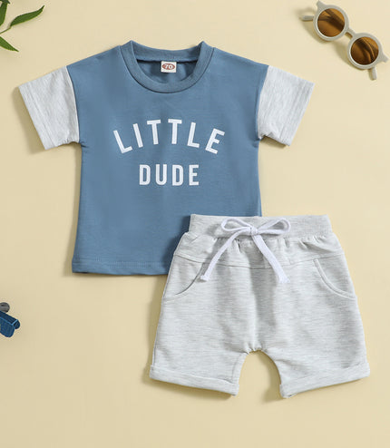 Children's Round Neck Letter Print Top Solid Color Shorts Two-piece Set