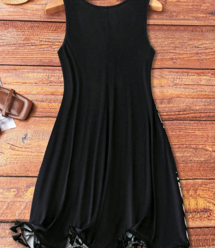 Plus Size Summer Casual Geometric Print V-Neck Fringed Hem Sleeveless Dress