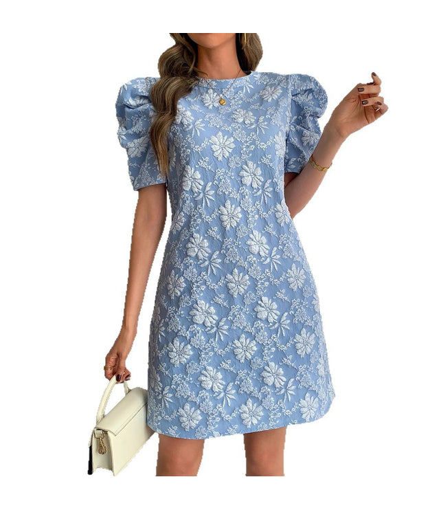 European And American Ladies Puff Sleeve Texture Jacquard Round Neck Retro Style Dress