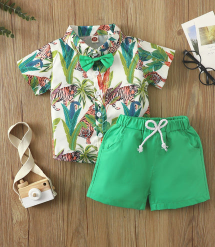 Beach Multi-color Printed Shirt Boys' Shorts Two-piece Set