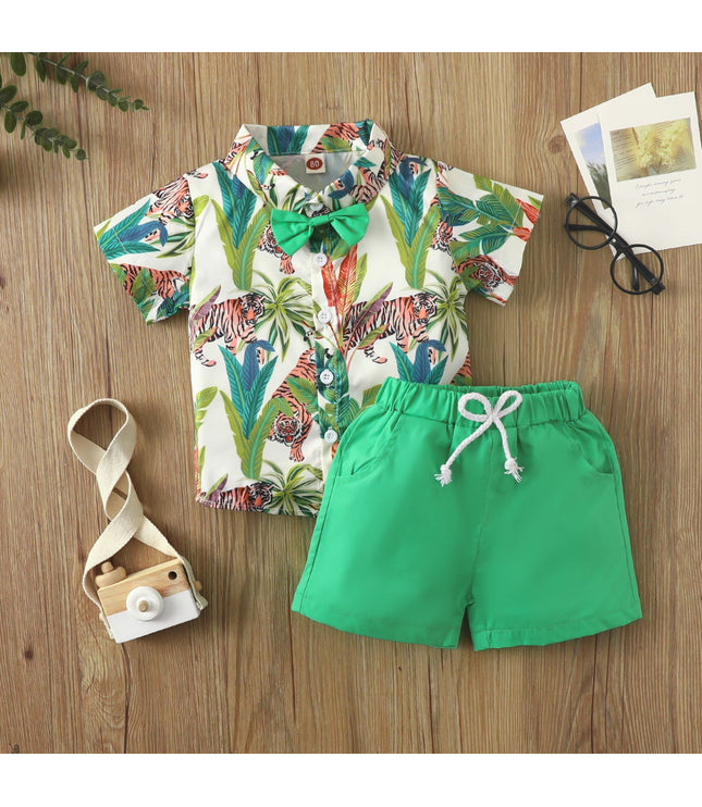 Beach Multi-color Printed Shirt Boys' Shorts Two-piece Set
